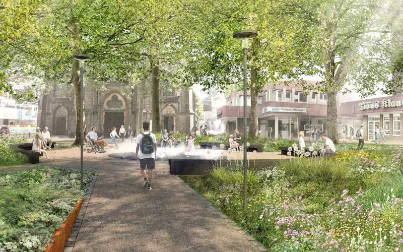 Computergrafik zeigt einen grünen Platz mit Bäumen und blühenden Wiesen in einer Innenstadt mit Springbrunnen, im Hintergrund ein Kirchenportal.